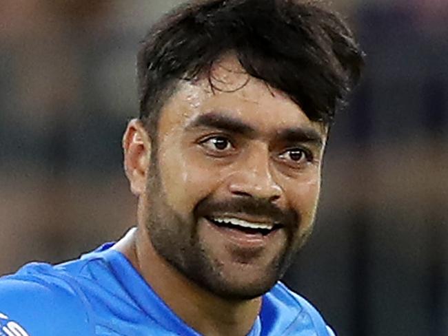 Rashid Khan of the Strikers celebrates taking the wicket of Cameron Bancroft of the Scorchers during the Big Bash League (BBL) cricket match between the Perth Scorchers and Adelaide Strikers at Optus Stadium in Perth, Friday, January 24, 2020. (AAP Image/Gary Day) NO ARCHIVING, EDITORIAL USE ONLY, IMAGES TO BE USED FOR NEWS REPORTING PURPOSES ONLY, NO COMMERCIAL USE WHATSOEVER, NO USE IN BOOKS WITHOUT PRIOR WRITTEN CONSENT FROM AAP