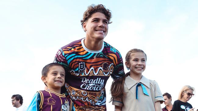 GOLD COAST Brisbane Broncos player Reece Walsh meeting fans at the Burleigh Bears season launch. Pizzey Park, Miami. Photo: Zak Simmonds.