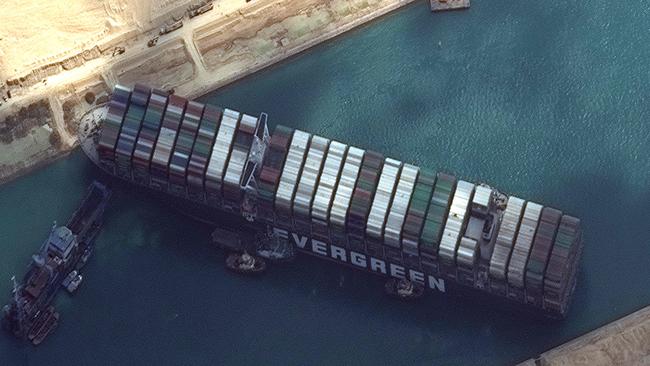 The stranded Ever Given in the Suez Canal on the morning of March 28. Picture: AFP