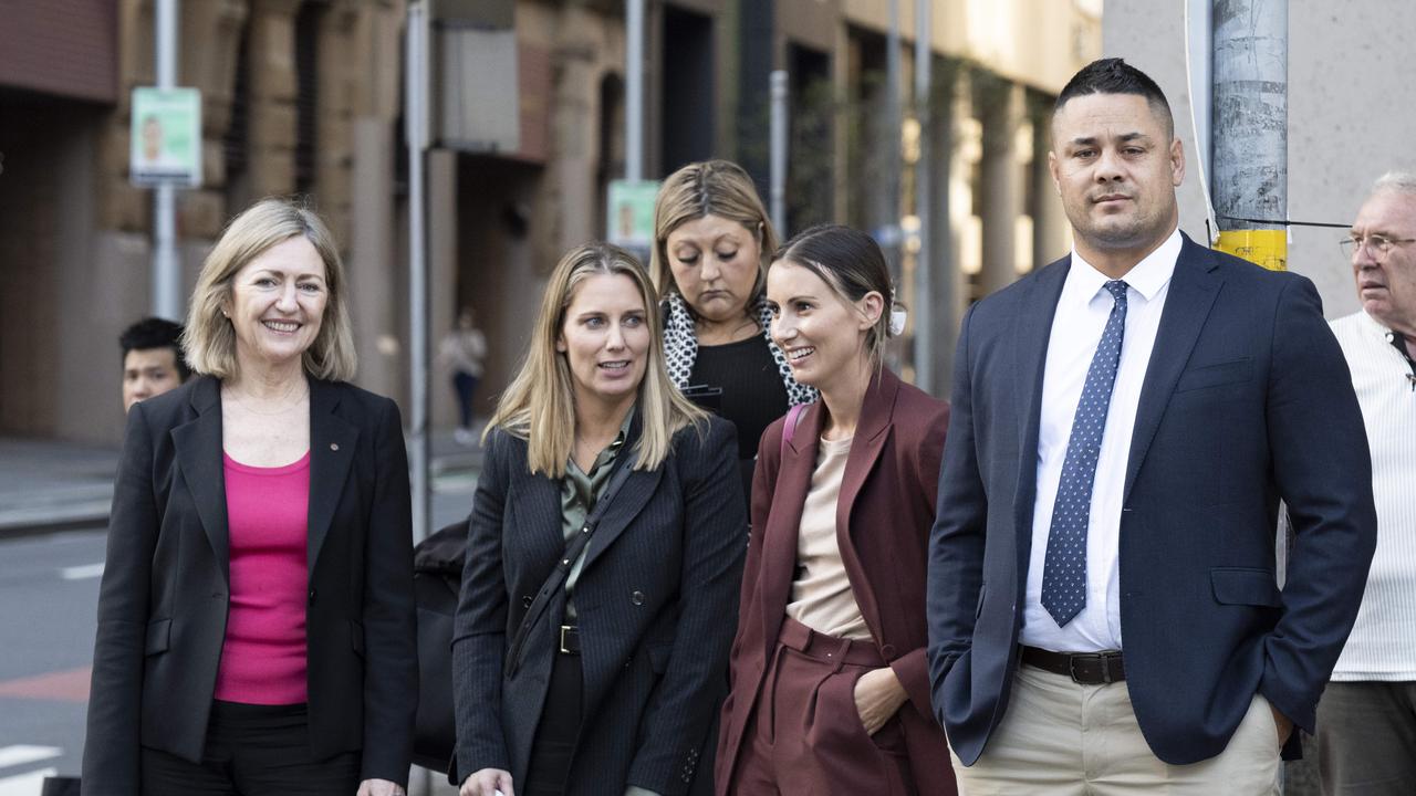 Jarryd Hayne with his legal team and wife Amellia Hayne. Picture: Monique Harmer/NCA Newswire