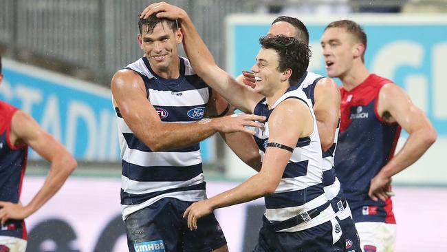 Geelong rookie Jordan Clark will never forget the selfless act from teammate Tom Hawkins that led to his first career goal. Picture: Michael Klein