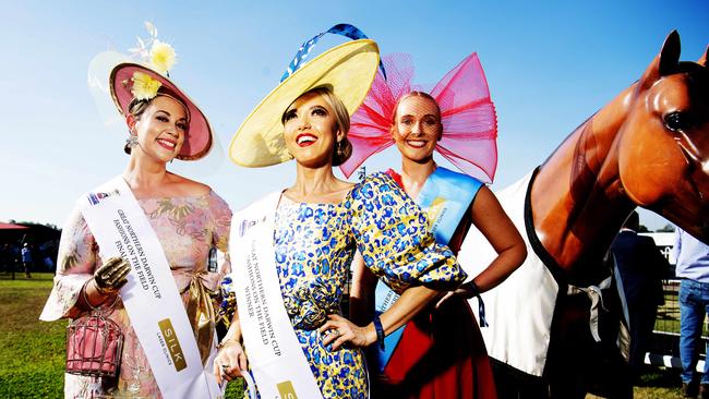 Gina Cassimatis, Tatiana Hoffmann and Madeleine Cvirn in the Darwin Cup Fashions on the Field competition. Picture: Keri Megelus