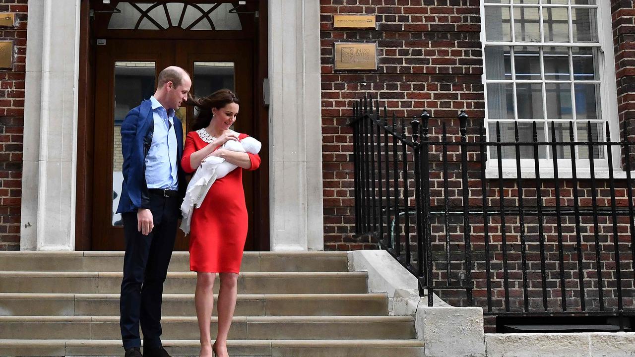 William, Kate and newborn Prince Louis on the steps of the Lindo Wing last year. Picture: Ben Stansall/AFP