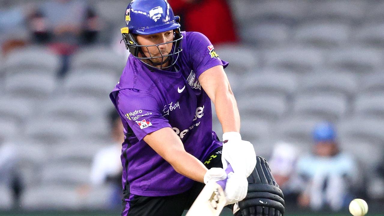 MELBOURNE, AUSTRALIA - JANUARY 18: Tim David of the Hurricanes bats during the Men's Big Bash League match between the Hobart Hurricanes and the Melbourne Renegades at Marvel Stadium, on January 18, 2022, in Melbourne, Australia. (Photo by Jonathan DiMaggio/Getty Images)