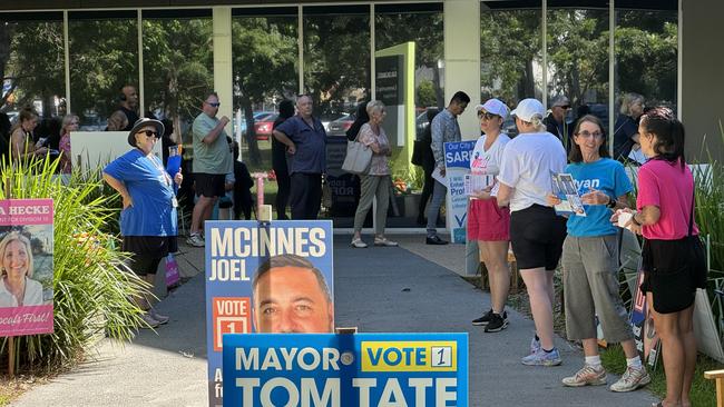 Candidates and volunteers at pre-poll for the 2024 Gold Coast City Council election. Picture: Andrew Potts.