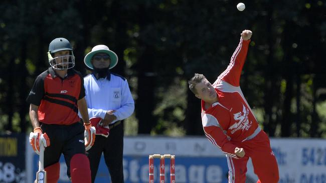 Chris Burkett and Jarryd Vernon in action during the GDCA clash between Gisborne and Romsey. Picture: Andy Brownbill