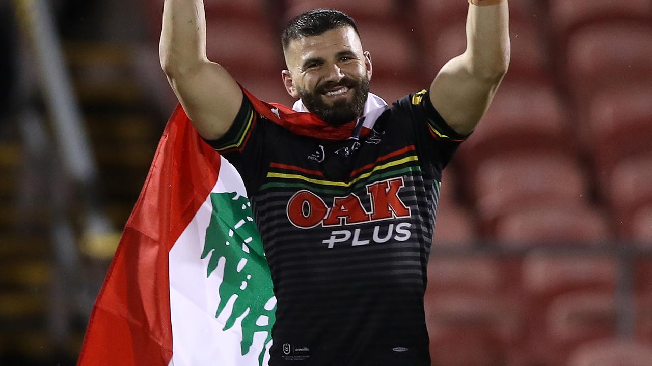 Josh Mansour celebrated with the Lebanese flag on his shoulders after his side’s victory over Canberra.