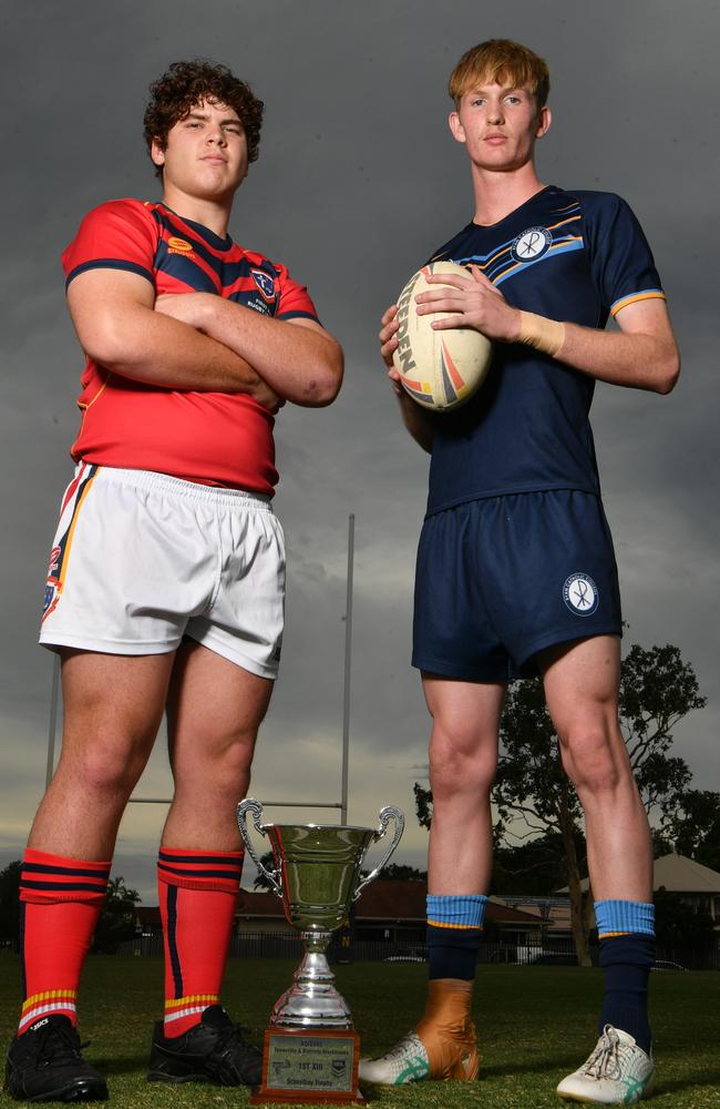 Blackhawks Trophy Schoolboys Football game between Ryan Catholic College and Columba Catholic College at Ryan Catholic College. Captains Max Campbell and Riley McIntyre. Picture: Evan Morgan