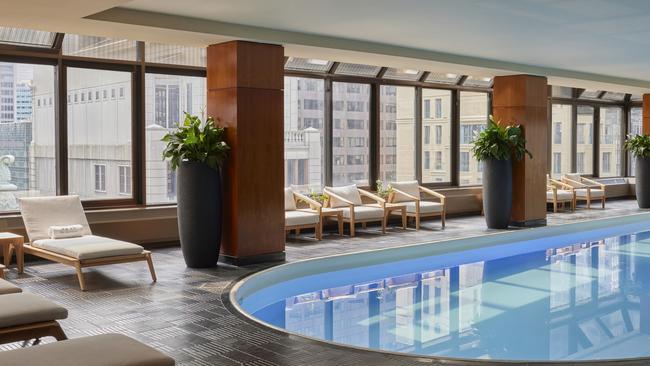 The relaxing pool with spectactular views at The Peninsula New York.