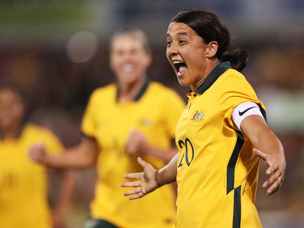 Sam Kerr celebrates a goal. Picture: Matt King/Getty Images.