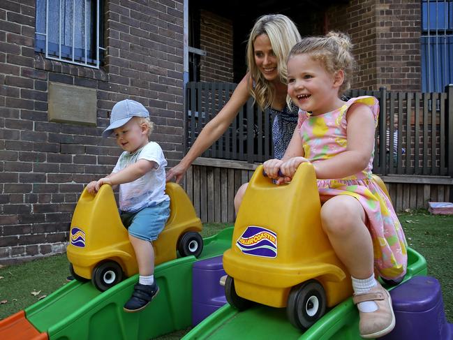Sienna Ulrich, three, with brother Torsten, 18 months, and mum Chelsea Englund enjoying the benefits of a playgroup in NSW. Picture: Toby Zerna
