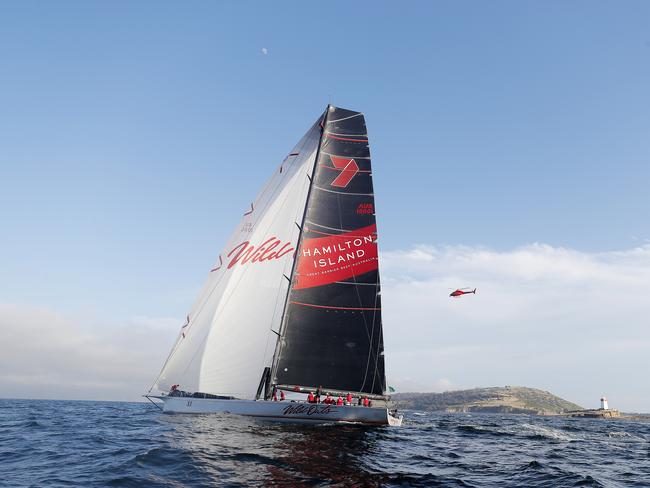 Wild Oats XI skippered by Mark Richards sails up the River Derwent on her way to a 9th line honours victory in the 2018 Sydney to Hobart Yacht Race. The yacht crossed the line in 1d 19hrs 7mins 21secs . Picture: RICHARD JUPE