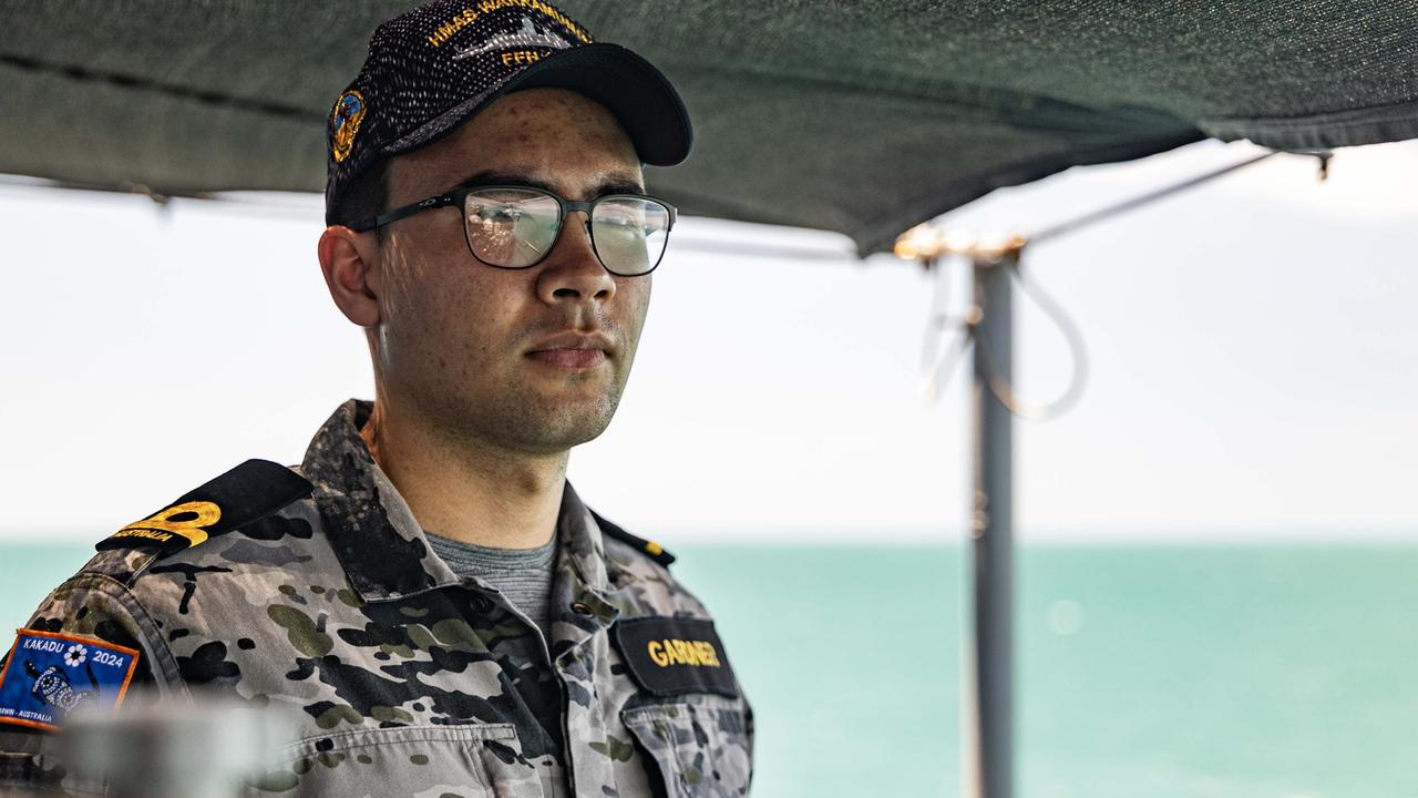 Sub Lieutenant Abraham Gardner operates on the bridge wing of HMAS Warramunga. Picture: Department of Defence.