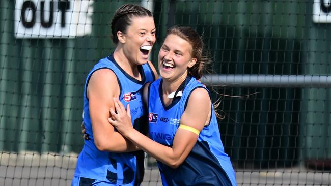 Sturt players Amy Brookes-Birve and Ally Ladas celebrate a goal against Norwood in round five. Picture: Scott Starkey