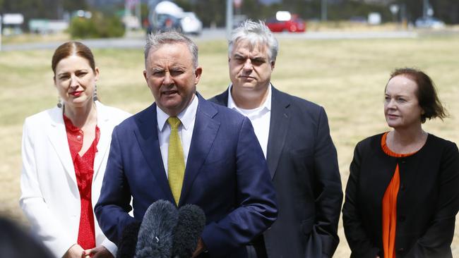 Federal Labor Leader Anthony Albanese, second from left, with Federal Franklin MP Julie Collins, left, Federal Lyons MP Brian Mitchell and Labor Senator for Tasmania Carol Brown at the Hobart Airport roundabout. Picture: MATT THOMPSON