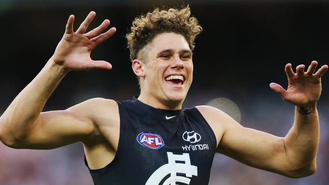 Charlie Curnow celebrates a goal against Melbourne on Sunday.