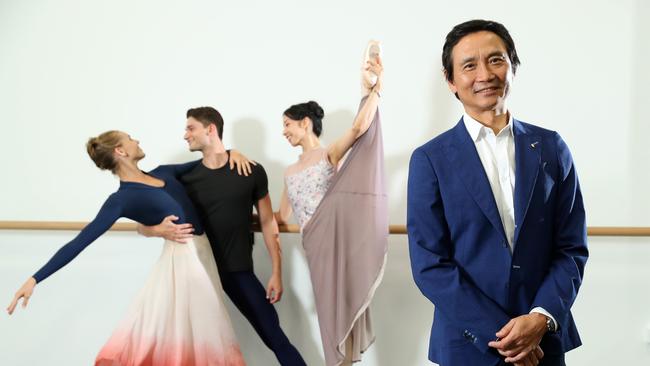 Dancers Sophie Zoricic, Liam Geck, Neneka Yoshida with artistic director Li Cunxin, who is producing virtual classes with Queensland Ballet. Picture: Liam Kidston.