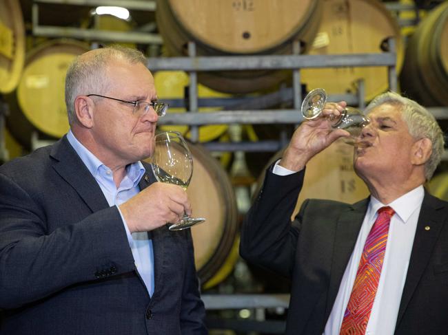 Scott Morrison and Ken Wyatt at Sandalford Wines in Hasluck. Picture: Jason Edwards