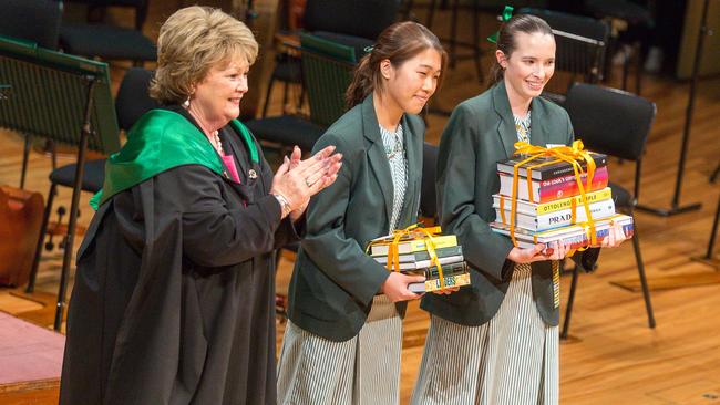 Clayfield College’s Duxes of 2019, Fiona Ko (left) and Isabelle Jardine Picture: Clayfield College