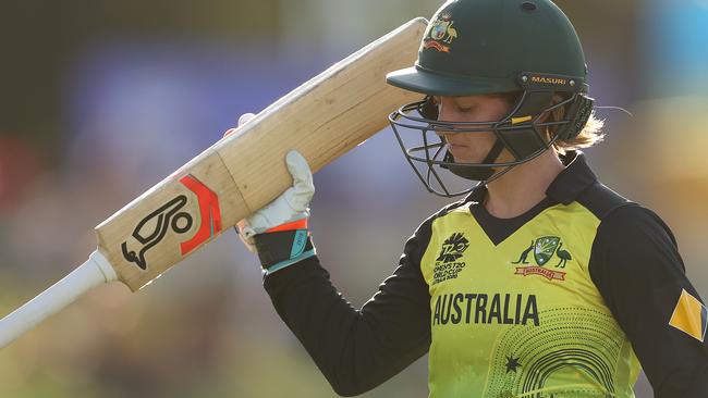 Rachael Haynes of Australia raises her bat as she leaves the ground in the match against Sri Lank in Perth.