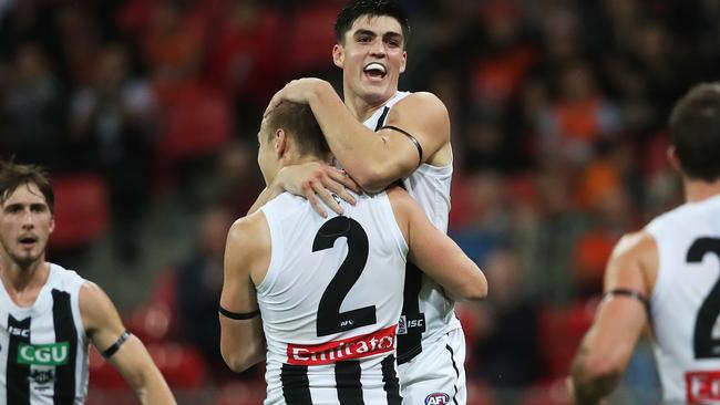 Jordan De Goey celebrates a goal with Brayden Maynard. Picture: Phil Hillyard