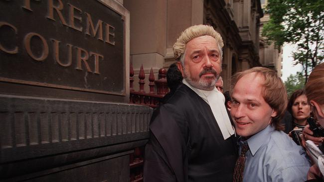 Greg Domaszewicz with lawyer Colin Lovett QC outside Supreme Court.