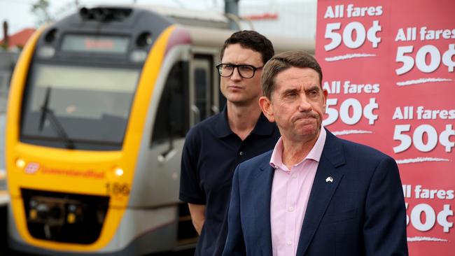 Deputy Premier and Treasurer Cameron Dick and Transport Minister Bart Mellish at the official announcement of half priced Airtrain fares.