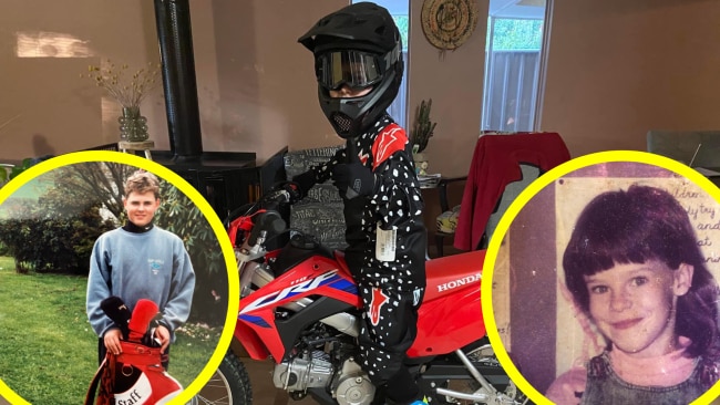 Melissa and her husband when they were kids, and their son now on his new motorbike. Image: Supplied