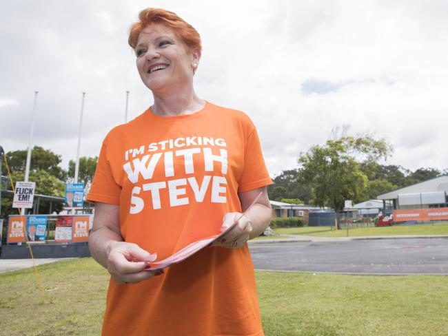 Pauline Hanson at the polling booth at Mountain Creek State School for the 2017 Queensland State Election. Photo Lachie Millard