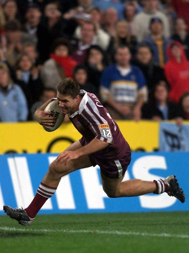 Padua College graduate Dane Carlaw scoring a try for the Queensland Origin team. Picture: Brett/Costello 