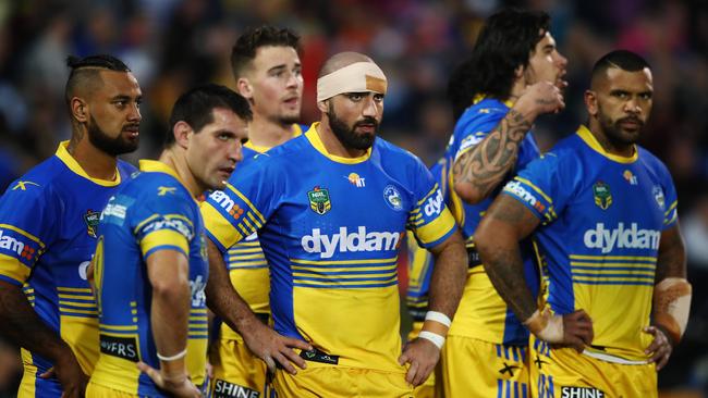 Parramatta's Tim Mannah and his Eels teammates look on after a Penrith try. Picture: Brett Costello