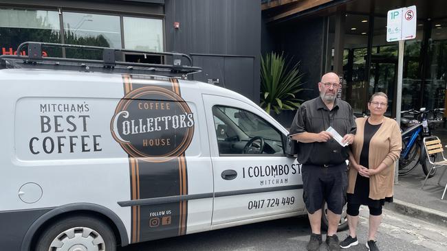 Harold and Deb Shugg have to move their van nine times a day out the front of their Mitcham cafe, The Collector's Coffee House, to avoid being fined by parking officers. Picture: Kiel Egging.