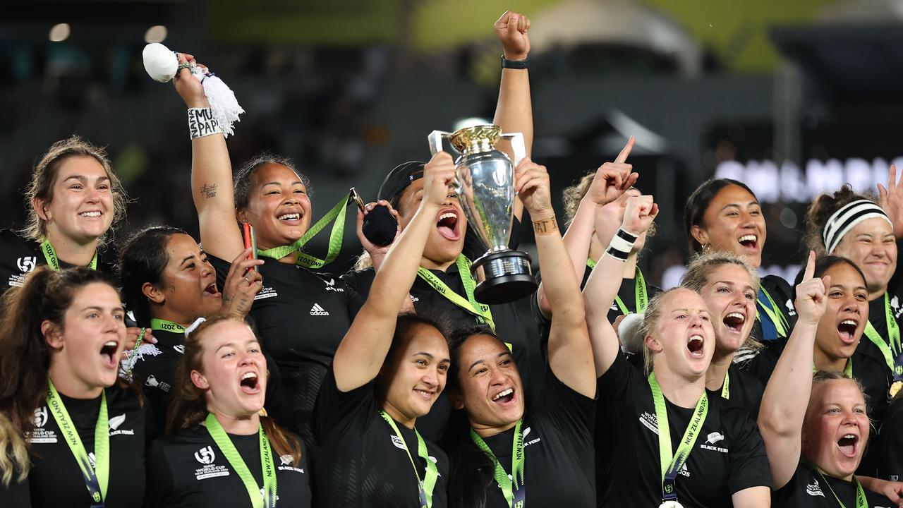AUCKLAND, NEW ZEALAND – NOVEMBER 12: New Zealand players celebrate winning the Rugby World Cup 2021 Final match between New Zealand and England at Eden Park on November 12, 2022, in Auckland, New Zealand. (Photo by Phil Walter/Getty Images)