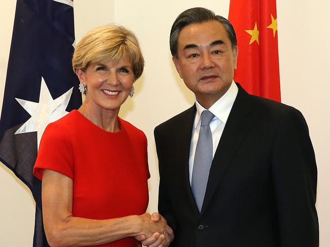 Foreign Minister Julie Bishop meeting her Chinese counterpart, Foreign Minister Wang Yi, at Parliament House in Canberra. Picture: Kym Smith