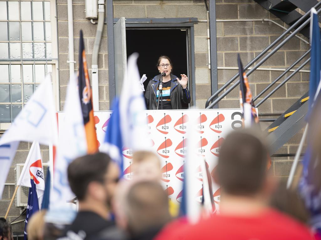 Jessica Munday, Secretary of Unions Tasmania speaks to the crowd before the annual May Day march in Hobart. Picture: RICHARD JUPE