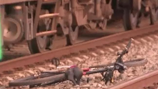 The aftermath of where a cyclist was hit by a train in North Adelaide. Picture: 9 News