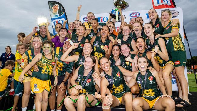 St Mary's women celebrate their 2024-25 NTFL grand final win against the Nightcliff Tigers. PIcture: Pema Tamang Pakhrin