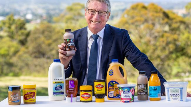 Bega Cheese executive chairman Barry Irvin with some of his companies products. Picture: supplied