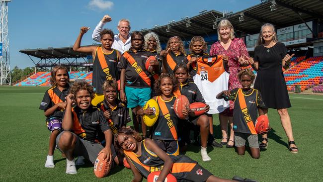 Sean Bowden, Chief Minister Eva Lawler and Minister Kate Worden at the announcement as Northern Territory task force has completed a business case into the viability of a AFL team in the NT with Areyongo (Utju). Picture: Pema Tamang Pakhrin