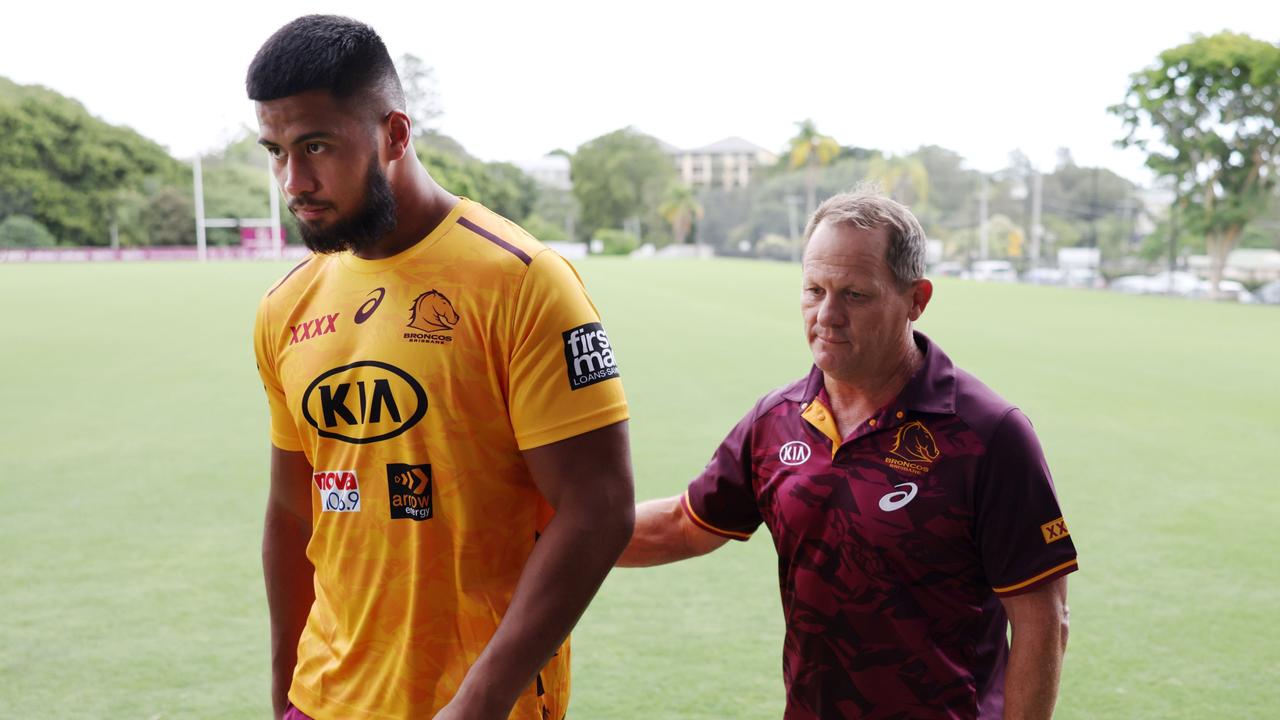 Payne Haas and Broncos coach Kevin Walters. Picture: Peter Wallis