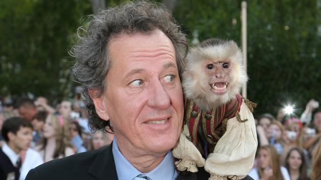 Pirates star Geoffrey Rush and Jack the Monkey at the world premiere <br/>Pirates of the Caribbean: At World's End at Disneyland in Anaheim, <br/>California, in 2007. Picture: E. Charbonneau for Disney Pictures.