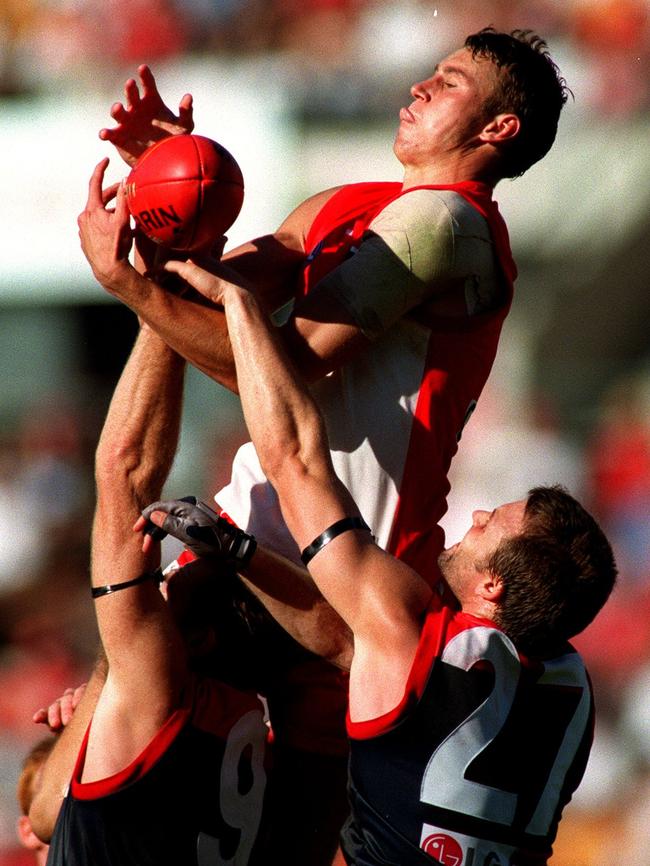 Ryan Fitzgerald flies for a mark against Melbourne. Picture: Trent Parke