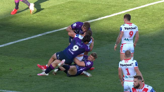 Storm player Max King's ordinary tackle on Blake Lawrie.