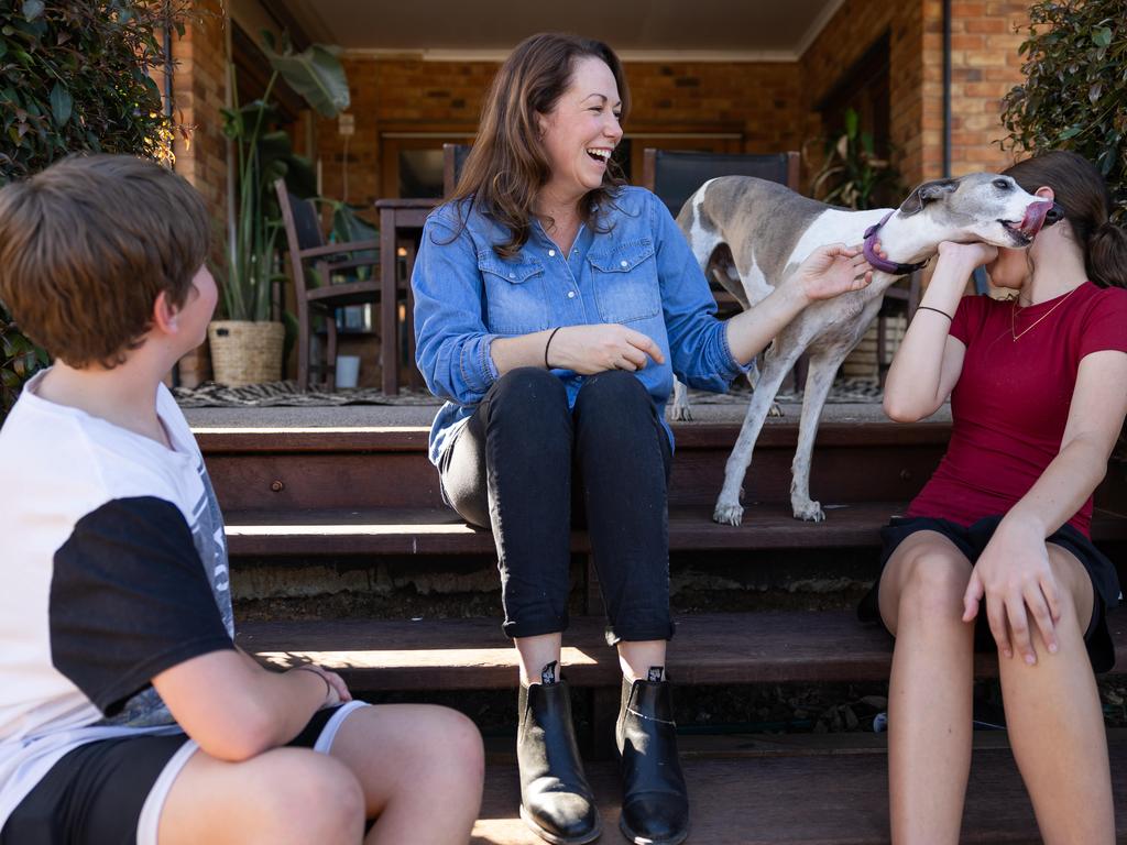 Jaclyn Symes says she’s most at home when she’s with her kids, Pip and Arch, and dog Andre. Picture: Jason Edwards