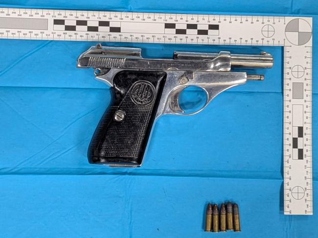 Two firearms have been located and seized in an allegedly staged car in Sydney’s west under Taskforce Falcon proactive taskings. Taskforce Falcon was established in May 2025 by State Crime Command to investigate and suppress violent crime in the Sydney metropolitan area. Picture: NSW Police Force