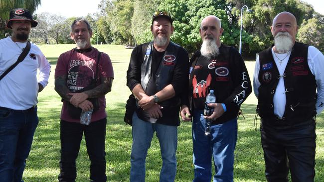 Nate Turner, Damo Martin, Craig 'Rider' Johnston, John 'Barra' Munday and Ian 'Feathers' Peacock get ready for Ride4Lives suicide awareness ride at Gladstone Marina February 29, 2020