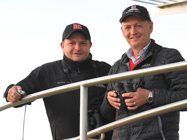 Redzel trainers Peter (right) and Paul Snowden are seen during trackwork at Royal Randwick Racecourse in Sydney, Monday, October 14, 2019. (AAP Image/Simon Bullard) NO ARCHIVING, EDITORIAL USE ONLY