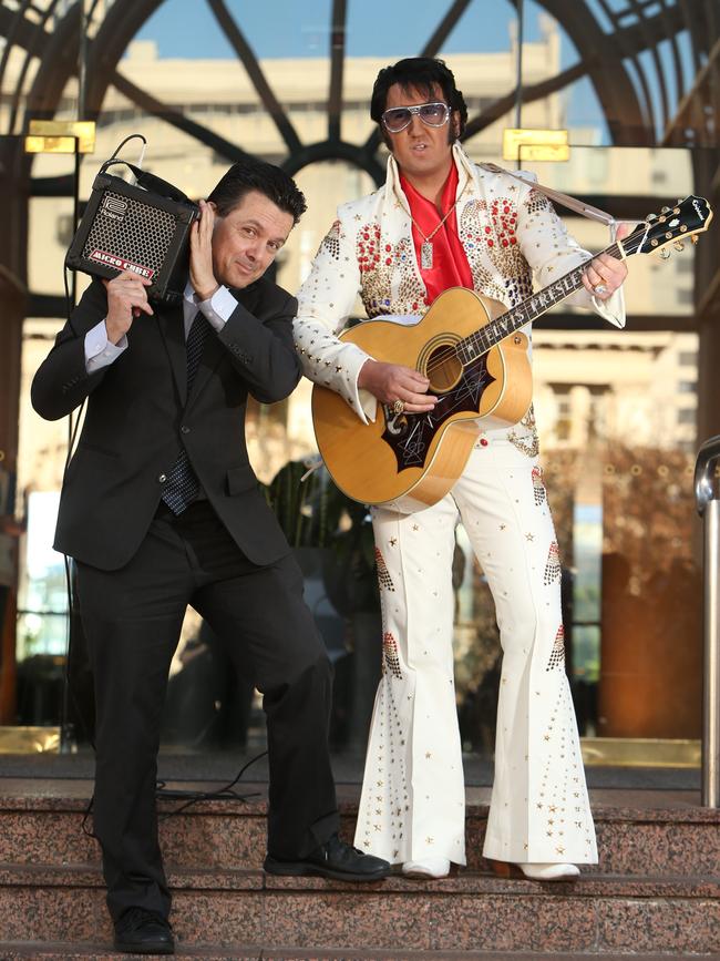 Nick Xenophon stunt with Elvis impersonator in 2014. Picture: Tait Schmaal