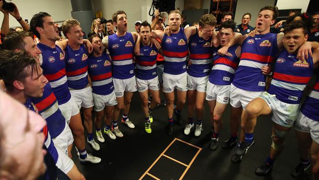 Western Bulldogs players celebrate after their preliminary final win. Picture: Phil Hillyard