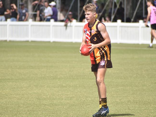 Hudson Clark in the North Mackay Saints v Mackay Swarks u14 AFL grand final at Magpies Sporting Club, Mackay, September 11, 2021. Picture: Matthew Forrest